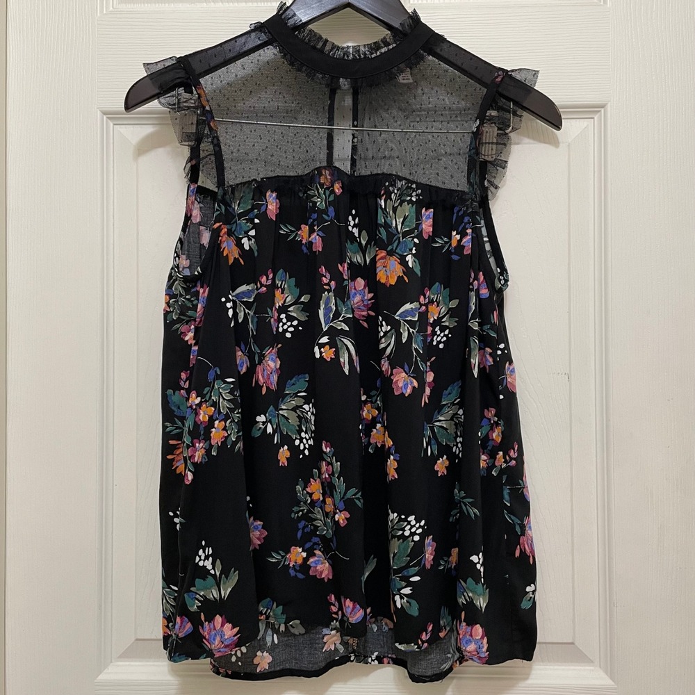 Arizona Jean Co Floral Lace Top Black Sleeveless Ruffle Mock Neck Sheer Medium